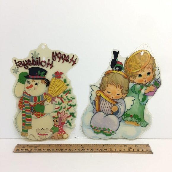 Vtg Impact Plastics Color Clings Happy Holidays Snowman Angels Christmas Winter - Picture 5 of 11